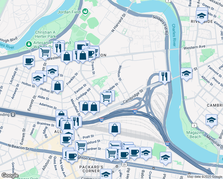 map of restaurants, bars, coffee shops, grocery stores, and more near 40 Seattle Street in Boston