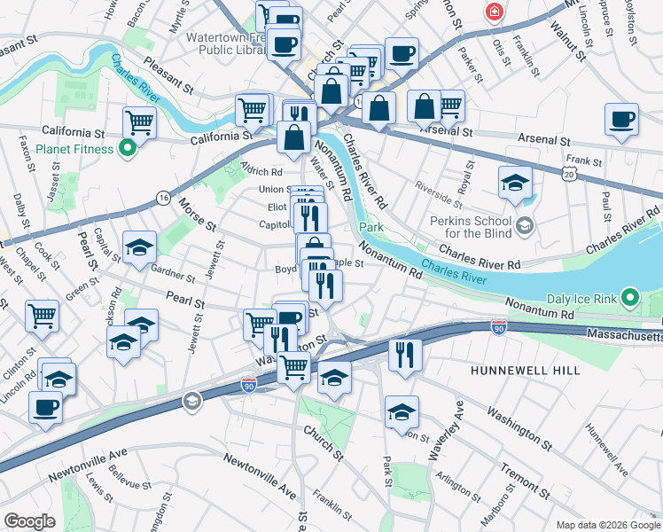 map of restaurants, bars, coffee shops, grocery stores, and more near 25 Maple Street in Watertown