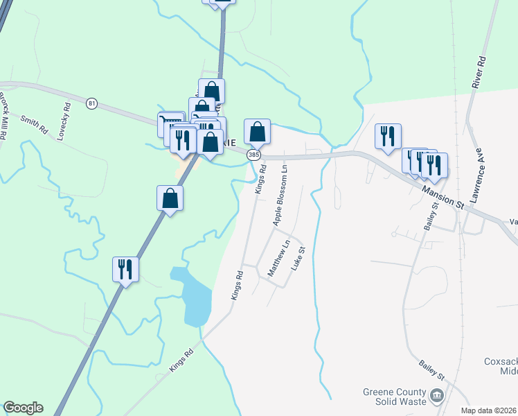 map of restaurants, bars, coffee shops, grocery stores, and more near 141 Kings Road in Coxsackie