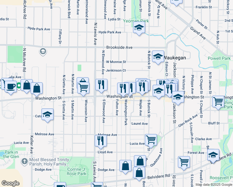 map of restaurants, bars, coffee shops, grocery stores, and more near 1714 Washington Street in Waukegan