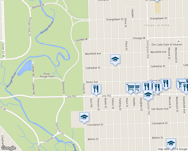 map of restaurants, bars, coffee shops, grocery stores, and more near 9052 Burt Road in Detroit