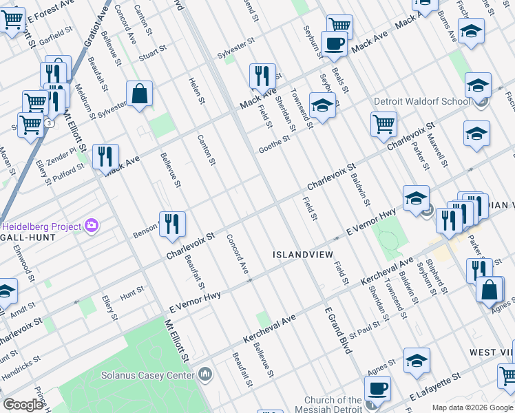 map of restaurants, bars, coffee shops, grocery stores, and more near 2914 Helen Street in Detroit