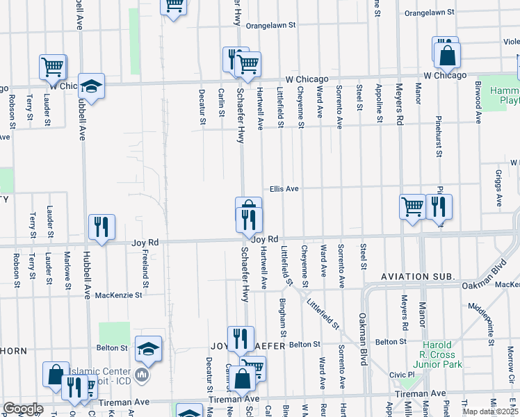 map of restaurants, bars, coffee shops, grocery stores, and more near 8889 Hartwell Avenue in Detroit
