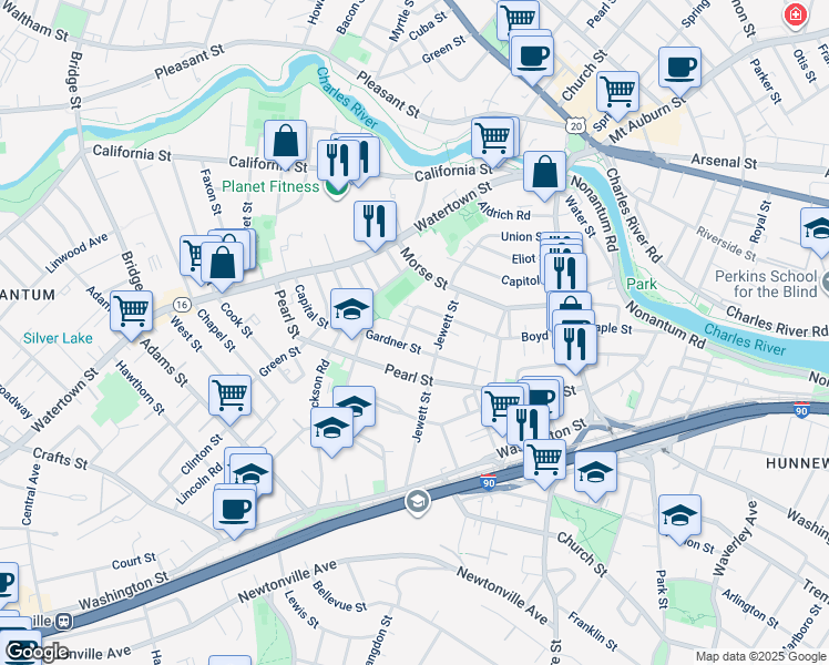 map of restaurants, bars, coffee shops, grocery stores, and more near 24 Rockland Street in Newton
