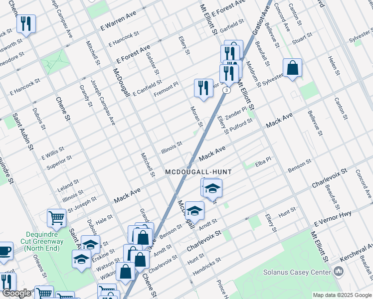map of restaurants, bars, coffee shops, grocery stores, and more near 3329 Saint Joseph Street in Detroit