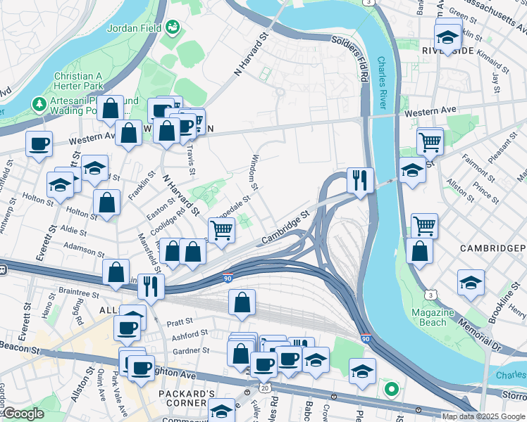 map of restaurants, bars, coffee shops, grocery stores, and more near 24 Windom Street in Boston