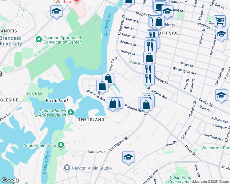 map of restaurants, bars, coffee shops, grocery stores, and more near 52 Rumford Avenue in Waltham
