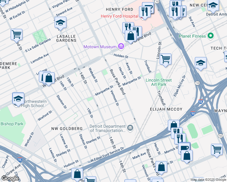map of restaurants, bars, coffee shops, grocery stores, and more near 6068 Vermont Street in Detroit