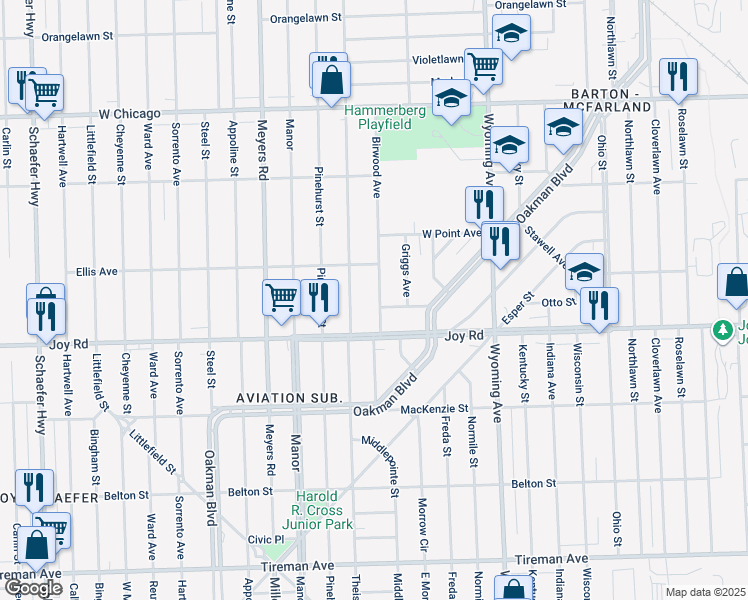 map of restaurants, bars, coffee shops, grocery stores, and more near 8911 Birwood Street in Detroit