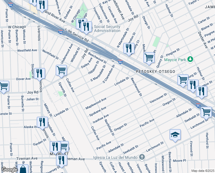 map of restaurants, bars, coffee shops, grocery stores, and more near 5284 Linsdale Street in Detroit
