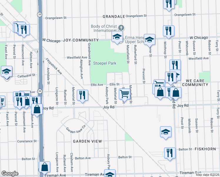 map of restaurants, bars, coffee shops, grocery stores, and more near 8936 Asbury Park in Detroit