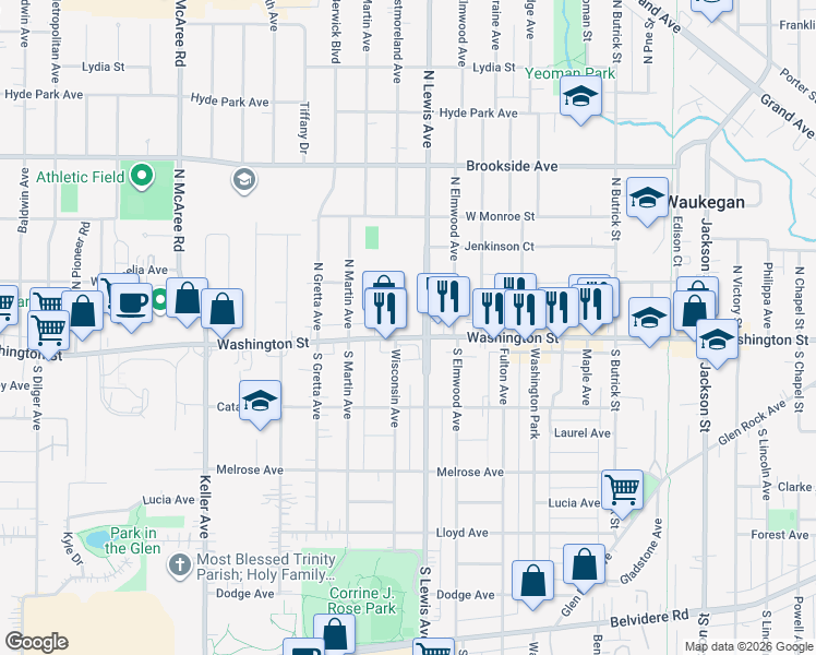 map of restaurants, bars, coffee shops, grocery stores, and more near 1916 Washington Street in Waukegan