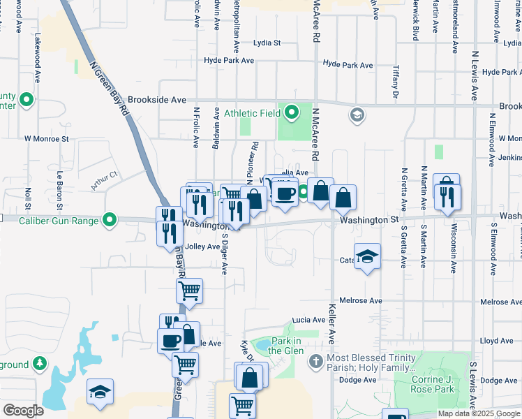 map of restaurants, bars, coffee shops, grocery stores, and more near 16 Washington Terrace in Waukegan