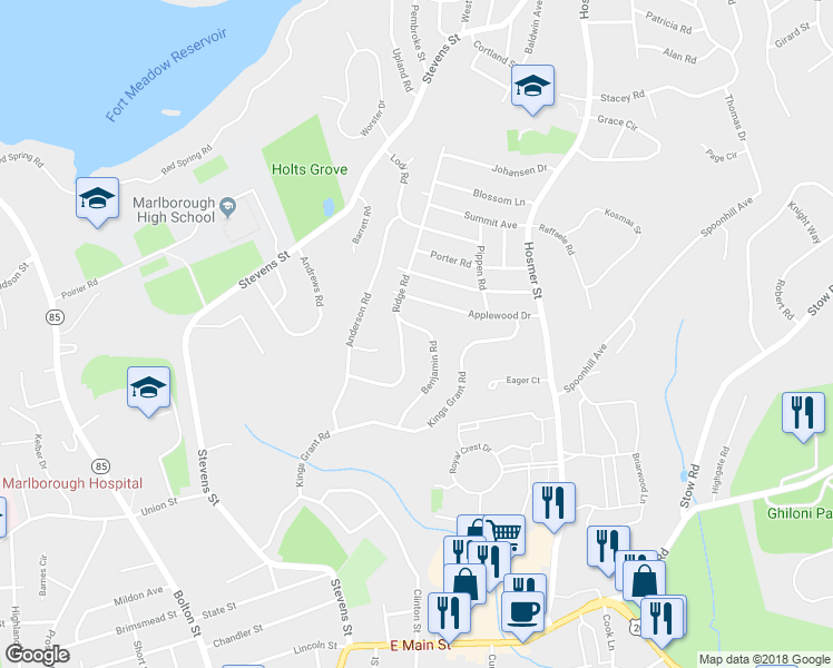 map of restaurants, bars, coffee shops, grocery stores, and more near 108 Benjamin Road in Marlborough