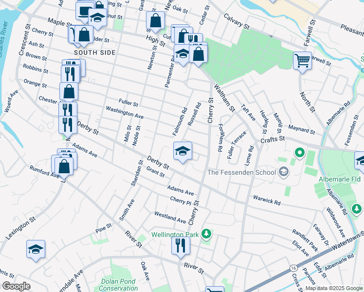 map of restaurants, bars, coffee shops, grocery stores, and more near 49 Jerome Avenue in Newton