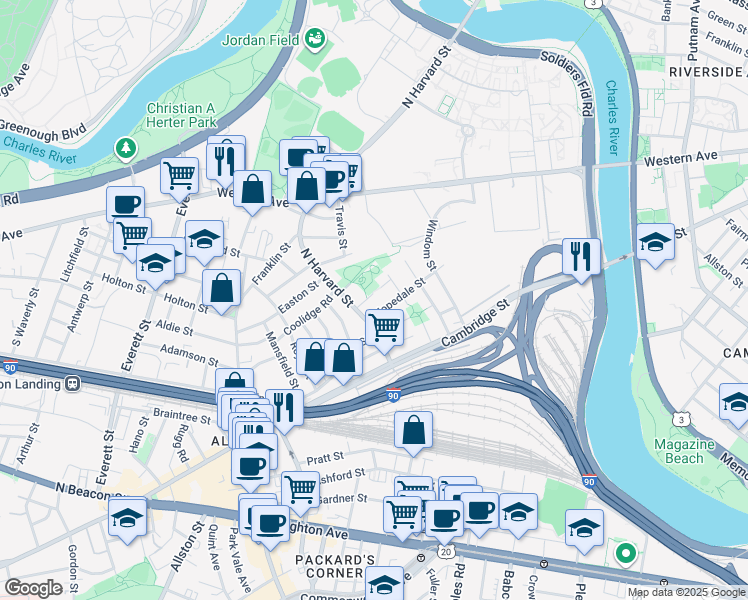 map of restaurants, bars, coffee shops, grocery stores, and more near 9 Eatonia Street in Boston
