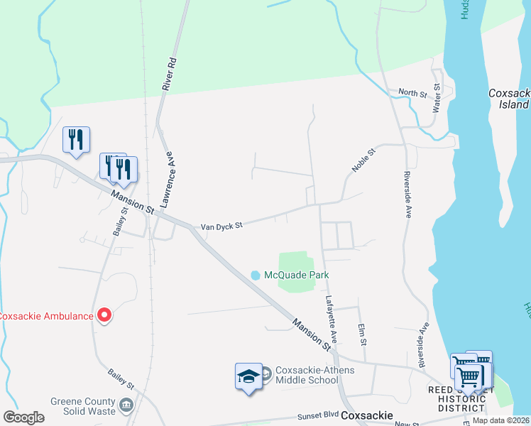map of restaurants, bars, coffee shops, grocery stores, and more near 47 Van Dyck St in Coxsackie
