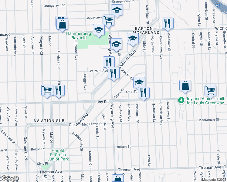 map of restaurants, bars, coffee shops, grocery stores, and more near 8865 Esper Street in Detroit