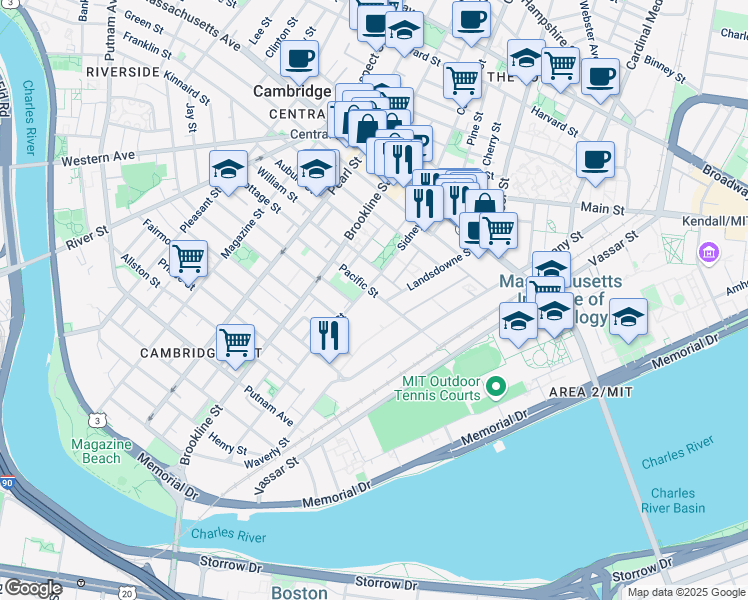 map of restaurants, bars, coffee shops, grocery stores, and more near 70 Pacific Street in Cambridge