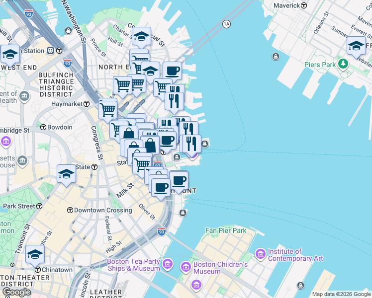 map of restaurants, bars, coffee shops, grocery stores, and more near Long Wharf in Boston
