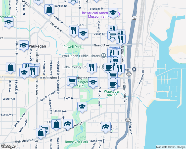 map of restaurants, bars, coffee shops, grocery stores, and more near 422 Washington Street in Waukegan