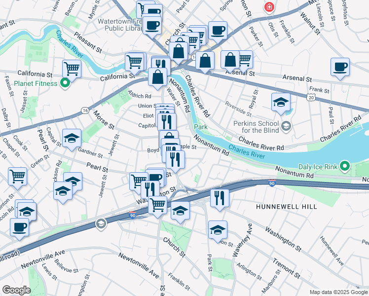 map of restaurants, bars, coffee shops, grocery stores, and more near 25 Maple Street in Watertown