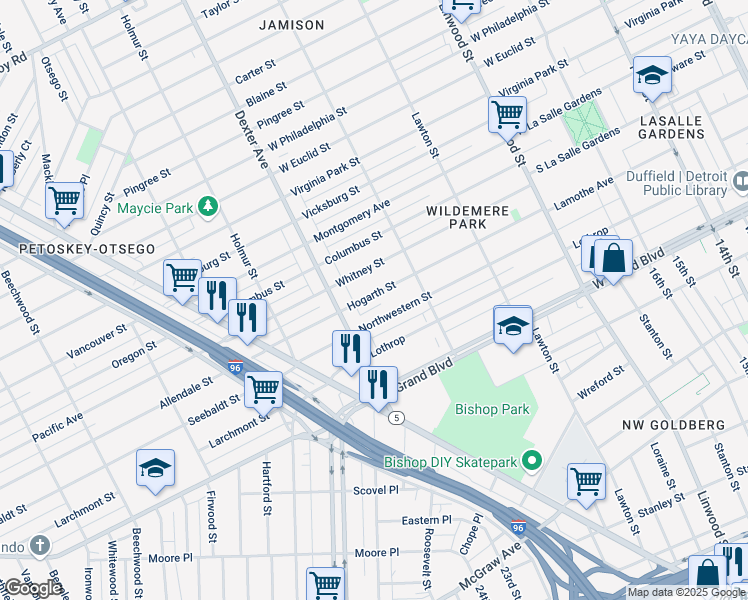 map of restaurants, bars, coffee shops, grocery stores, and more near 3311 Hogarth Street in Detroit