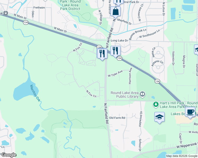 map of restaurants, bars, coffee shops, grocery stores, and more near 1260 West Black Wolf Road in Round Lake
