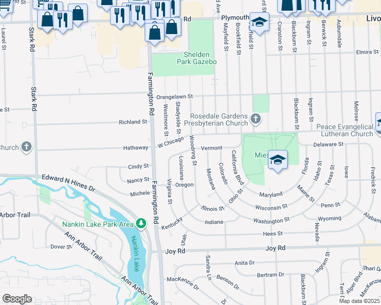 map of restaurants, bars, coffee shops, grocery stores, and more near 32901 Vermont in Livonia