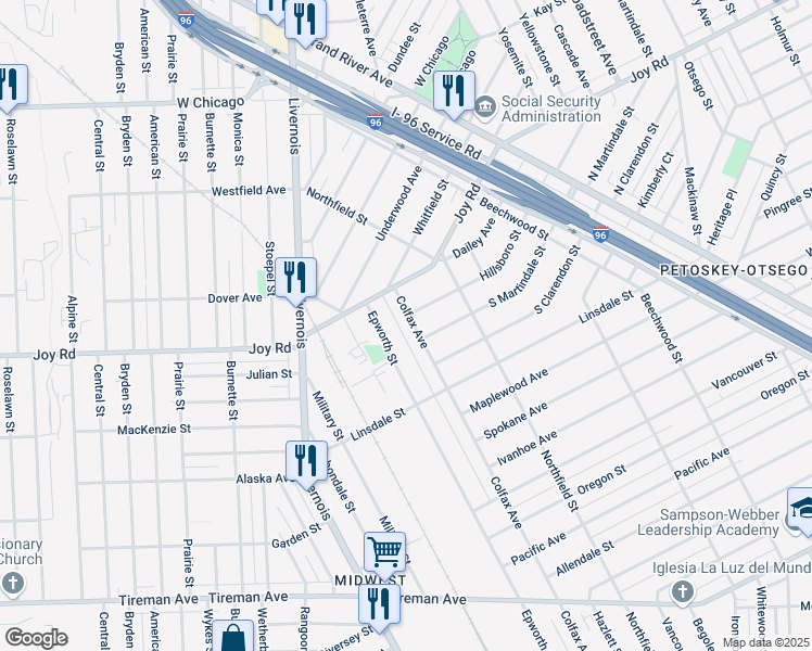 map of restaurants, bars, coffee shops, grocery stores, and more near 8843 Colfax Avenue in Detroit