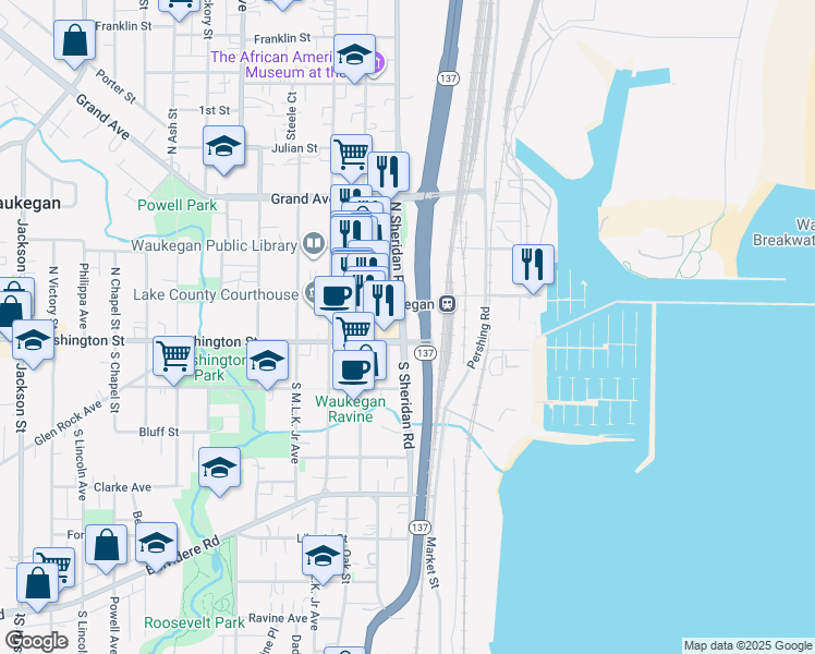 map of restaurants, bars, coffee shops, grocery stores, and more near 33 North Sheridan Road in Waukegan