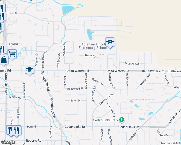 map of restaurants, bars, coffee shops, grocery stores, and more near 2944 Delta Waters Road in Medford