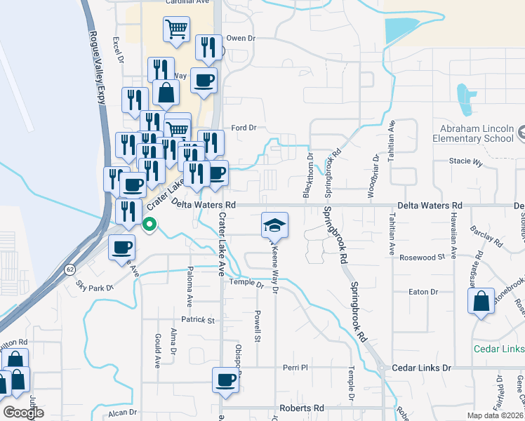 map of restaurants, bars, coffee shops, grocery stores, and more near 2098 Delta Waters Road in Medford