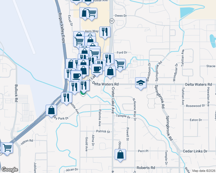 map of restaurants, bars, coffee shops, grocery stores, and more near 2991 Crater Lake Ave in Medford