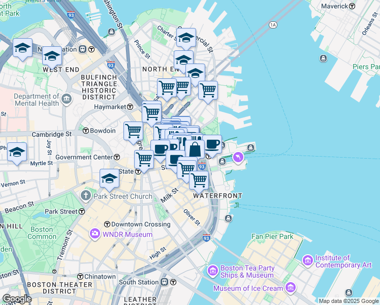 map of restaurants, bars, coffee shops, grocery stores, and more near 35 Commercial Street in Boston