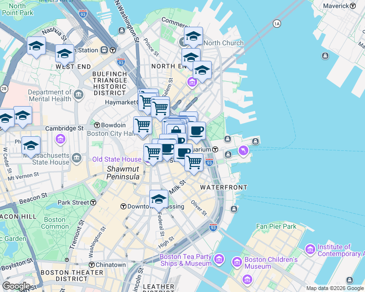 map of restaurants, bars, coffee shops, grocery stores, and more near in Boston