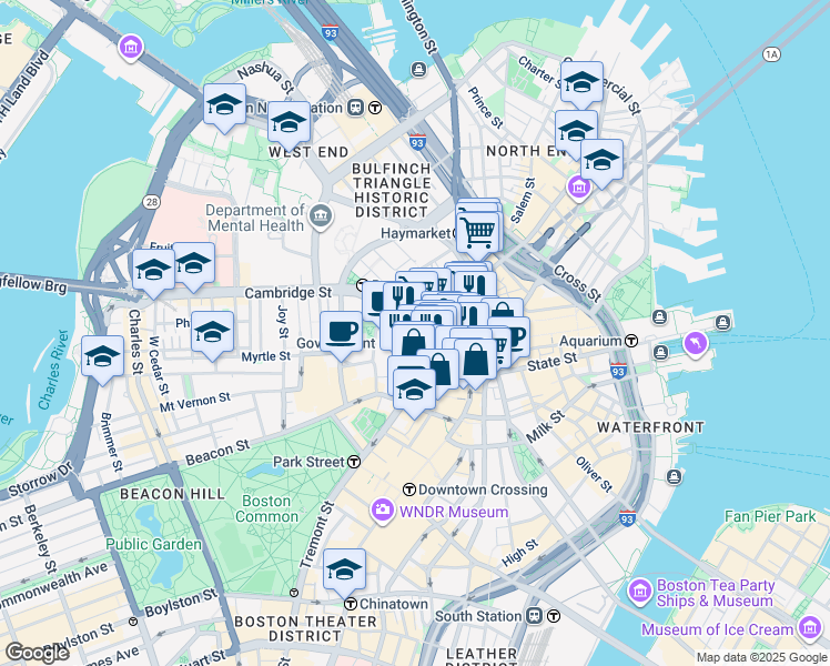 map of restaurants, bars, coffee shops, grocery stores, and more near I Street in Boston