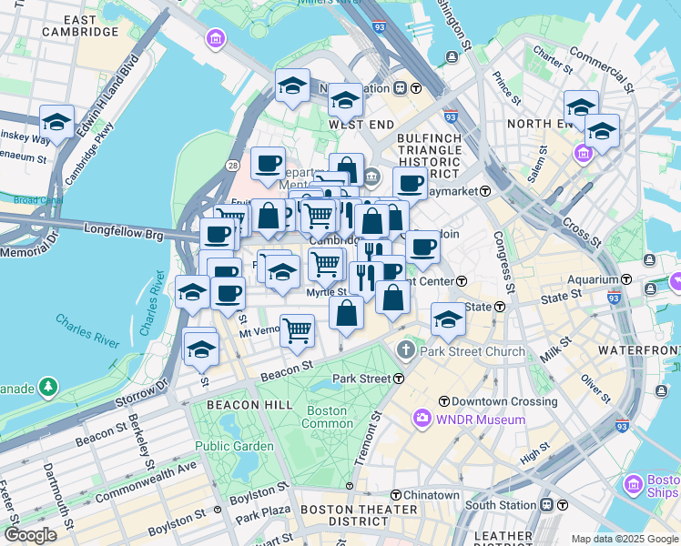 map of restaurants, bars, coffee shops, grocery stores, and more near 72 Joy Street in Boston