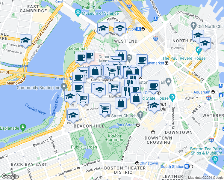 map of restaurants, bars, coffee shops, grocery stores, and more near 72 Joy Street in Boston