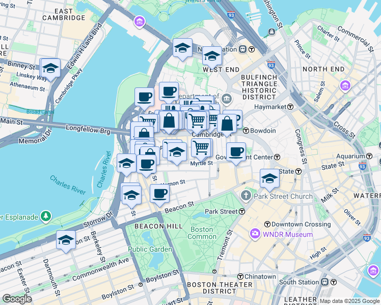 map of restaurants, bars, coffee shops, grocery stores, and more near 45 1/2 Garden Street in Boston