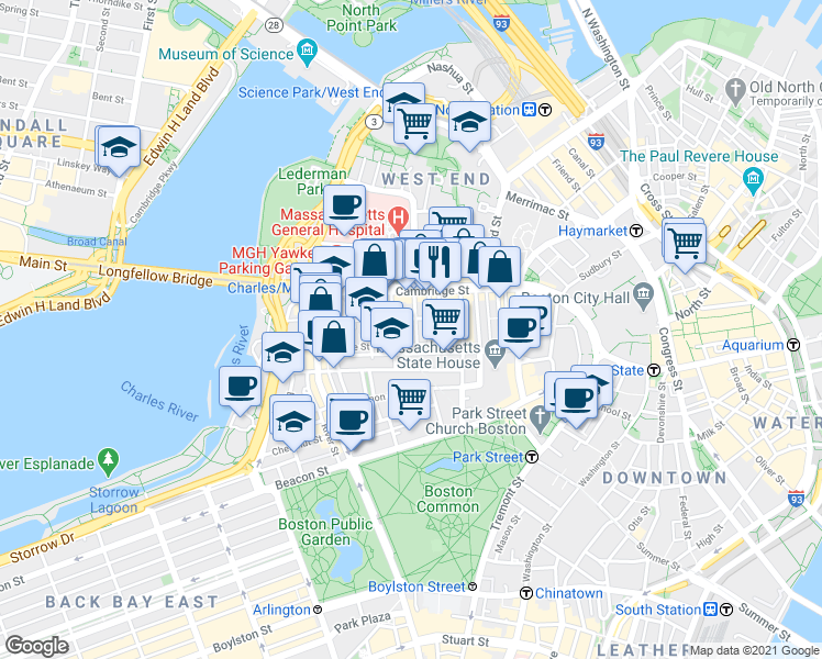 map of restaurants, bars, coffee shops, grocery stores, and more near 45 1/2 Garden Street in Boston