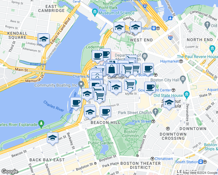 map of restaurants, bars, coffee shops, grocery stores, and more near in Boston