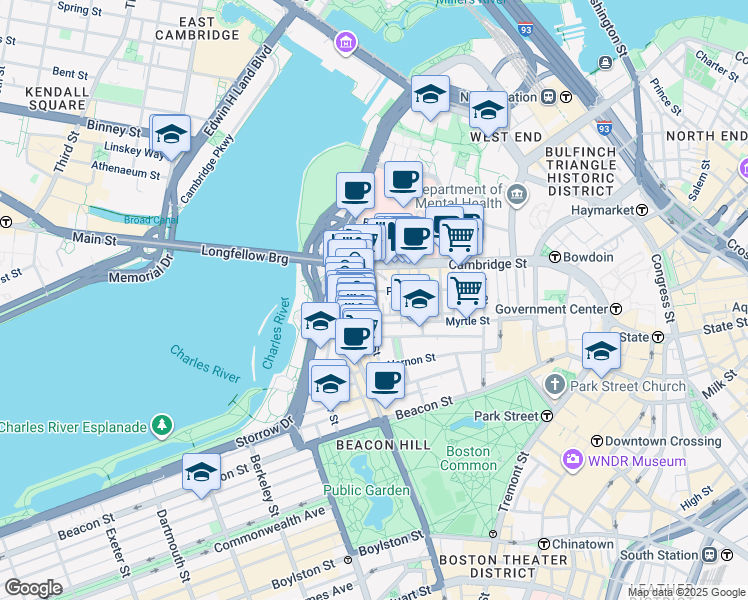 map of restaurants, bars, coffee shops, grocery stores, and more near 67 West Cedar Street in Boston