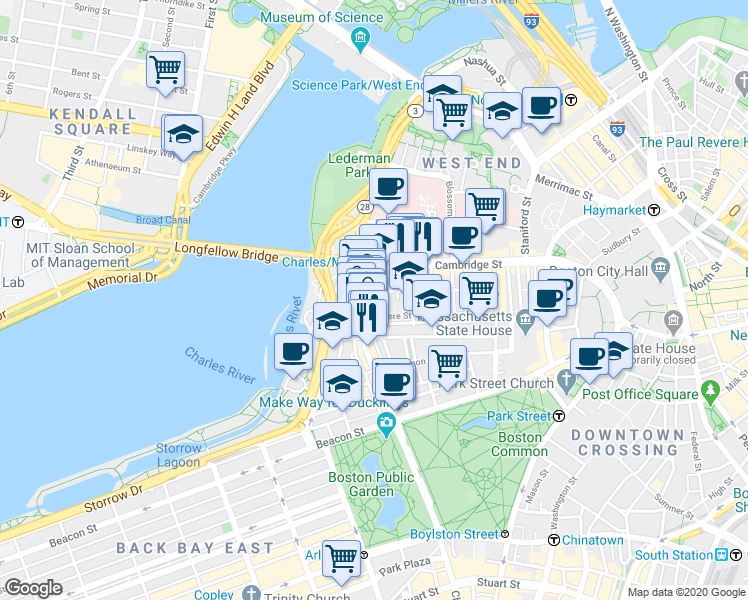 map of restaurants, bars, coffee shops, grocery stores, and more near 67 West Cedar Street in Boston