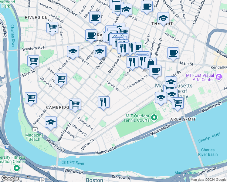 map of restaurants, bars, coffee shops, grocery stores, and more near 100 Sidney Street in Cambridge
