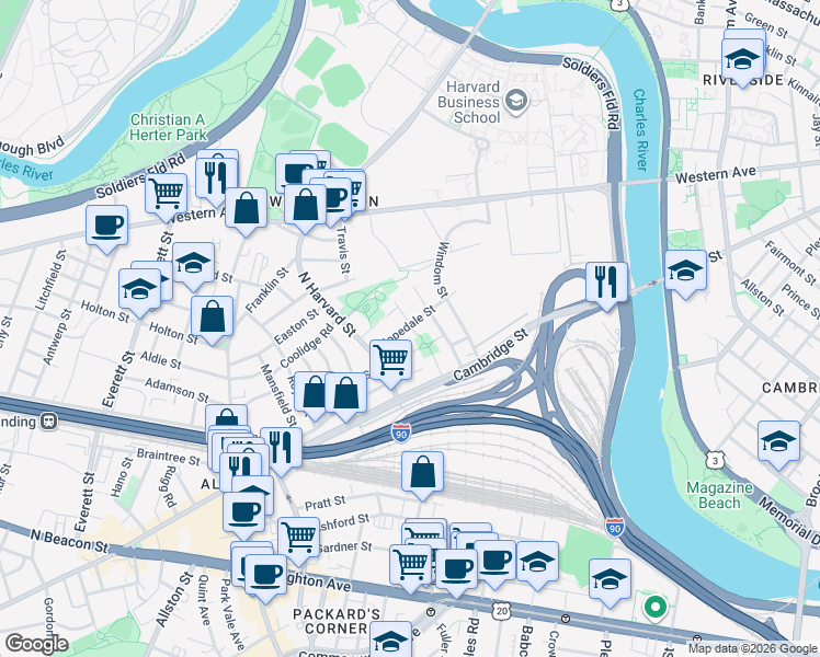 map of restaurants, bars, coffee shops, grocery stores, and more near 40 Seattle Street in Boston