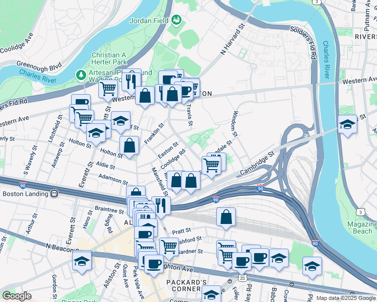 map of restaurants, bars, coffee shops, grocery stores, and more near 291 North Harvard Street in Boston