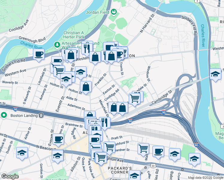 map of restaurants, bars, coffee shops, grocery stores, and more near 24 Easton Street in Brookline