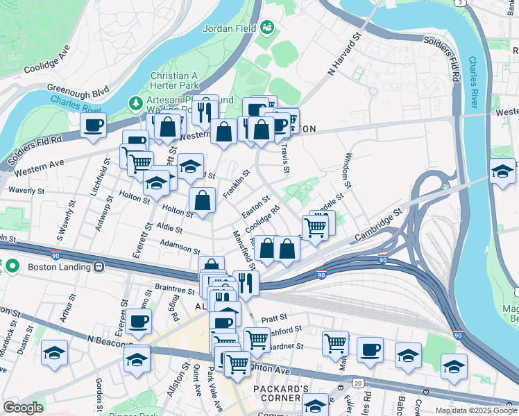 map of restaurants, bars, coffee shops, grocery stores, and more near 24 Easton Street in Brookline
