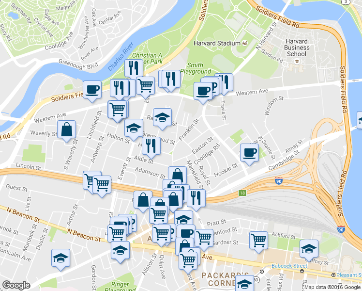 map of restaurants, bars, coffee shops, grocery stores, and more near 116 Franklin Street in Boston